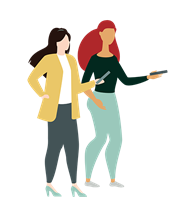 Flat illustration of two women holding mobile phones while walking