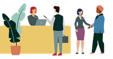 Flat illustration of people being greeted in a reception area